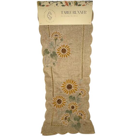 Secret Celebrity SUNFLOWER TABLE RUNNER 72” Embroidered Flower Natural Linen NWT - Picture 4 of 7